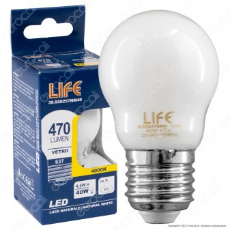 Life Lampadina LED E27 Filament 4,5W MiniGlobo G45 Milky Vetro - mod. 39.920257CM27 / 39.920257CM30