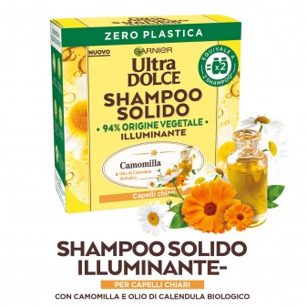 Garnier Ultra Dolce Shampoo Solido alla Camomilla e Olio di Calendula Biologico - Saponetta da 60g