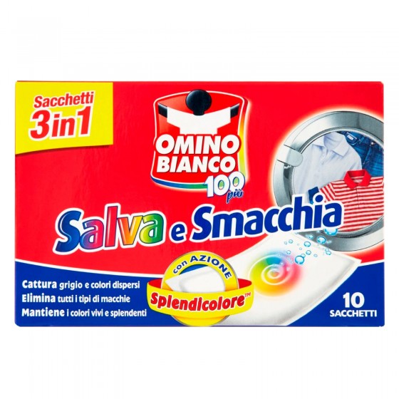 10 Sacchetti per Lavatrice Salva e Smacchia 3in1 Omino Bianco 100 Più