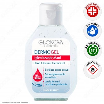Glenova Dermogel Gel Alcool 75% Sanificante Igienizzante Mani Efficace Contro Germi e Batteri - Flacone da 80ml