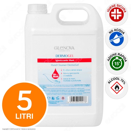 Glenova Dermogel Gel Alcool 75% Sanificante Igienizzante Mani Efficace Contro Germi e Batteri - Tanica da 5 Litri