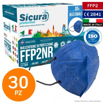 Sicura Protection 30 Mascherine Protettive Colore Blu Cobalto Elastici Neri Fattore Protezione Certificato FFP2 NR in TNT