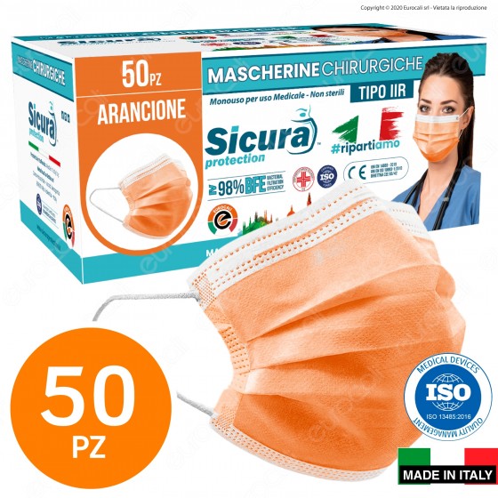 Sicura Protection 50 Mascherine Chirurgiche Monouso Filtranti Tipo II R in TNT Arancioni