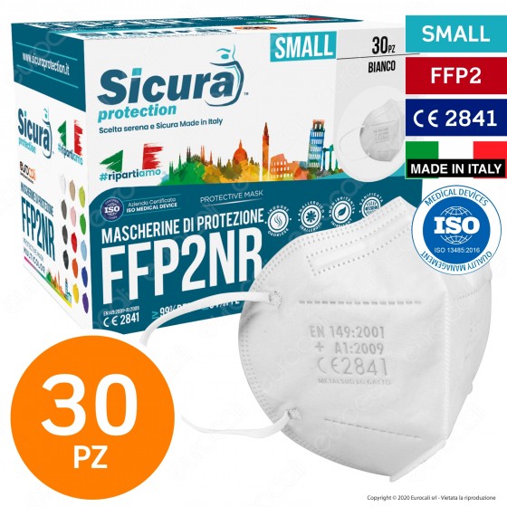 Sicura Protection 30 Mascherine Small Filtranti Monouso con Fattore di Protezione Certificato FFP2 NR in TNT Multistrato Sicura Protection 30 Mascherine Small Filtranti Monouso con Fattore di Protezione Certificato FFP2 NR in TNT Multistrato