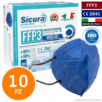 Sicura Protection 10 Mascherine Protettive Colore Blu Cobalto Elastici Neri Filtranti Monouso Classe Protezione FFP3 TNT