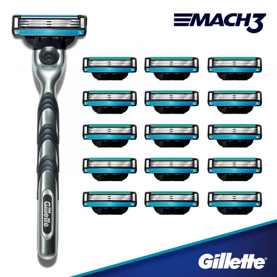 Gillette Mach3 Rasoio Uomo a 3 Lame + 15 Lamette di Ricambio Gillette Mach3 Rasoio Uomo a 3 Lame + 15 Lamette di Ricambio