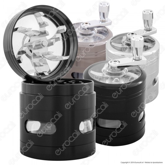 Grinder Tritatabacco 4 Parti in Metallo - con Manovella e finestra Grinder Tritatabacco 4 Parti in Metallo - con Manovella e finestra
