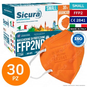 Sicura Protection 30 Mascherine Small Colore Arancione Elastici Bianchi Filtranti Monouso Protezione Certificato FFP2 NR