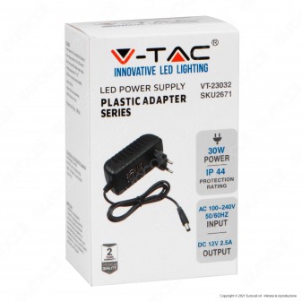 V-Tac VT-23032 Alimentatore 30W 12V IP44 Plug&Play con Jack 2.1 - SKU