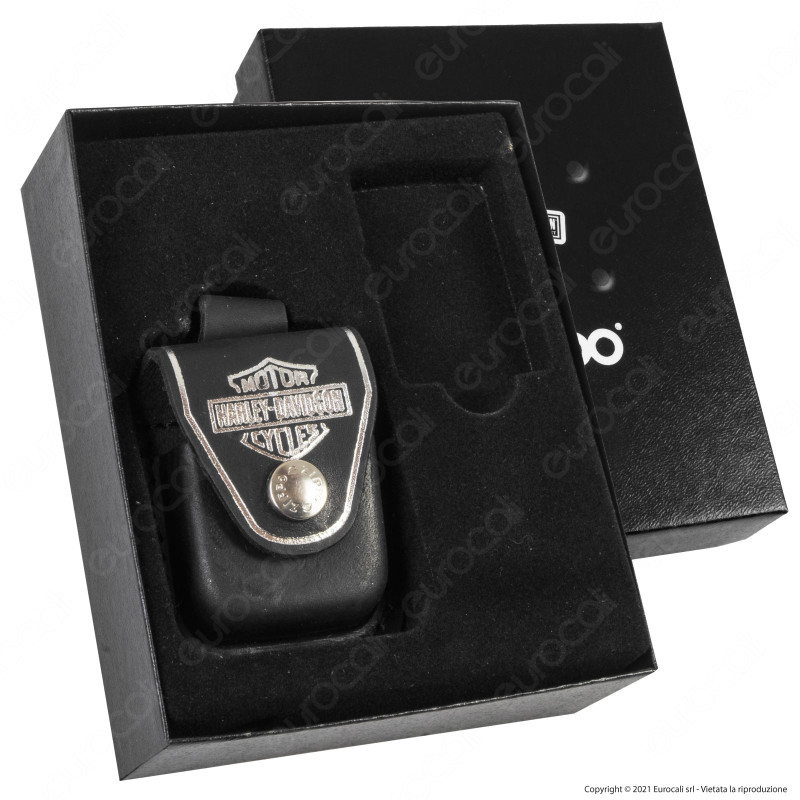 Custodia Zippo in Vera Pelle per Accendini Cuoio Nera Logo Harley