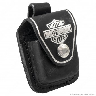 Custodia Zippo in Vera Pelle per Accendini Cuoio Nera Logo Harley