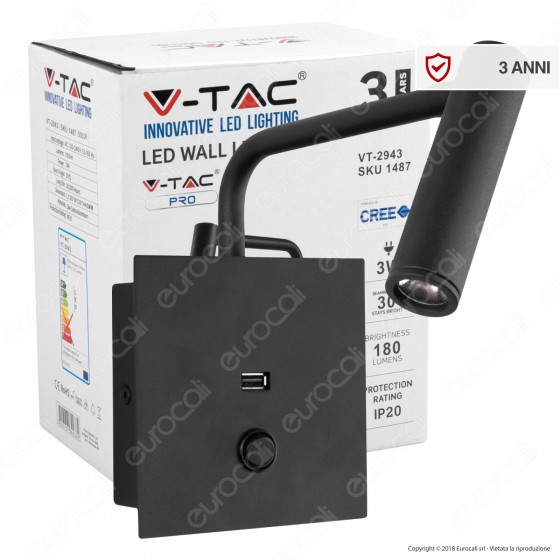 V-Tac PRO VT-2943 Lampada da Muro Wall Light LED CREE 3W Colore Nero con USB - SKU 1487 V-Tac PRO VT-2943 Lampada da Muro Wall Light LED CREE 3W Colore Nero con USB - SKU 1487