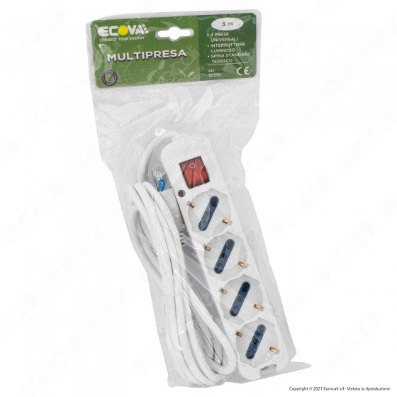 Ecova Multipresa 4 Posti Schuko + 10/16A 2P+T con Interruttore Ecova Multipresa 4 Posti Schuko + 10/16A 2P+T con Interruttore