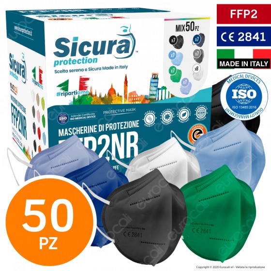 Sicura Protection 50 Mascherine Protettive Colorate Monouso con Fattore di Protezione Certificato FFP2 NR in TNT [TERMINATO]