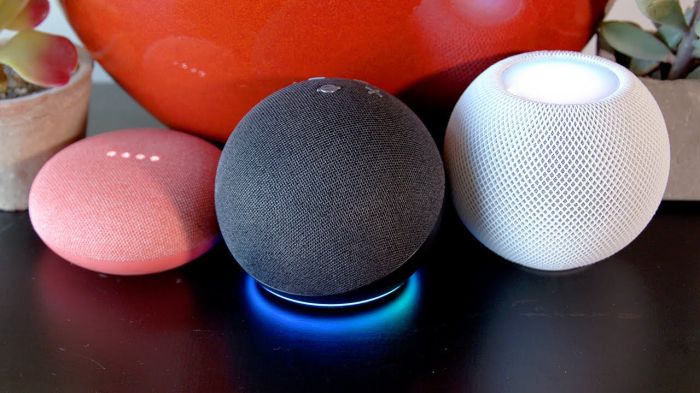 sfondo rosso e assistenti vocali Amazon Google e Apple